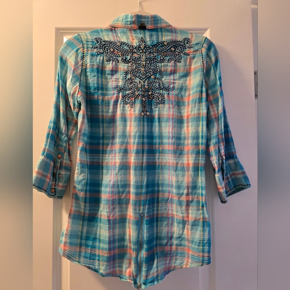 Roar Blue Plaid Button-Up Shirt with Embroidery And Riverts, Size M - Picture 4 of 13